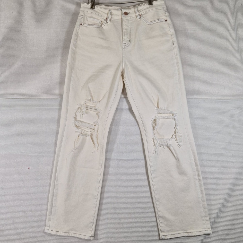 Altar'd State Women's Size 28 Cream Distressed Straight Leg‎ Jeans Stretch Denim